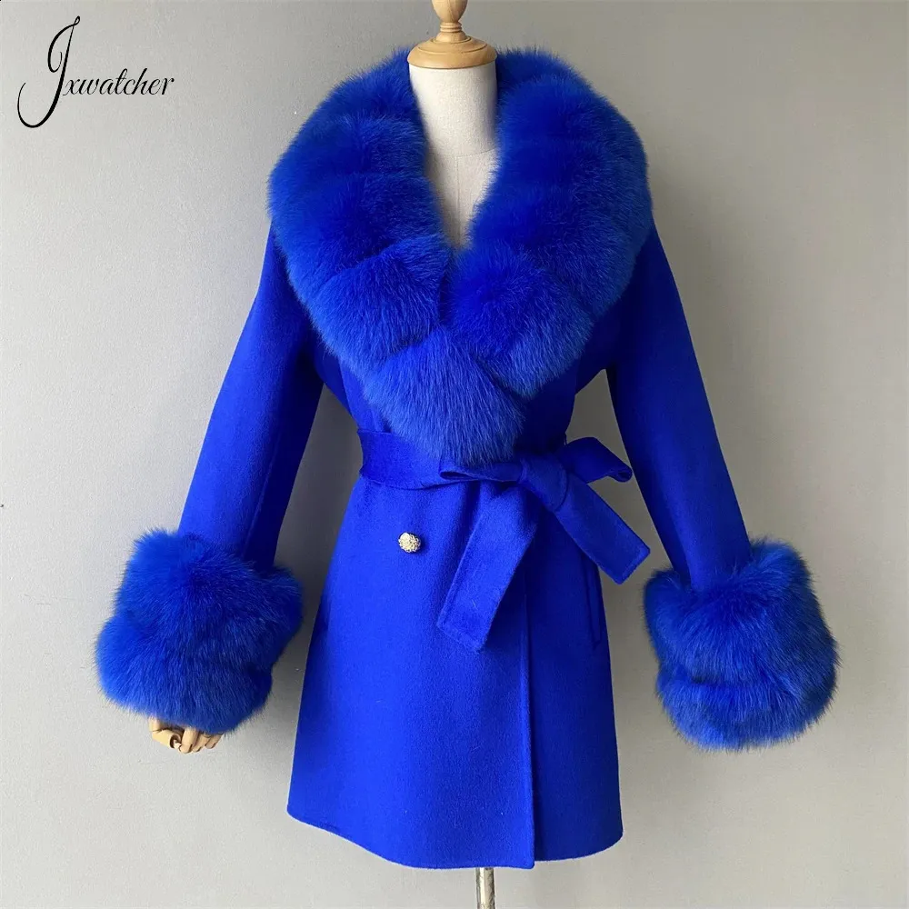 Women's Wool Blends Jxwatcher Style Cashmere Coats Real Fox Fur Collar Ladies Mid-Längd Wool Jacket Winter Elegant Belt Design Ytterkläder 231214