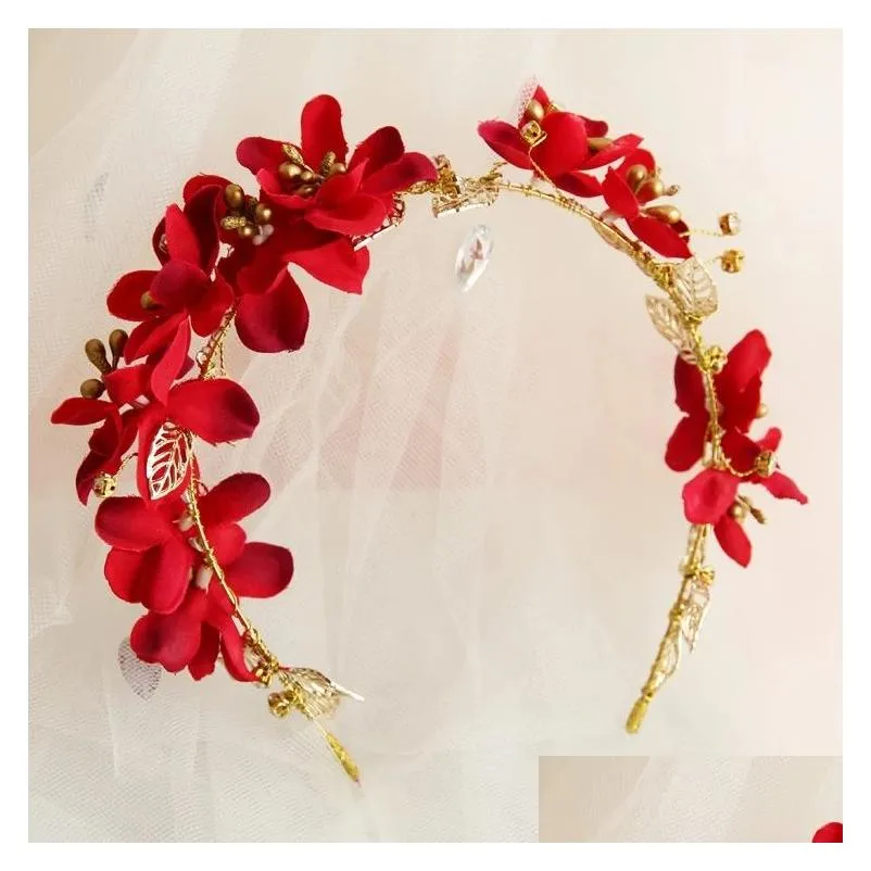 Wedding Hair Jewelry Korean Bridal Accessories Hairbands Bands Red Flower Heads Flowers Drop Delivery Hairjewelry Dhbun