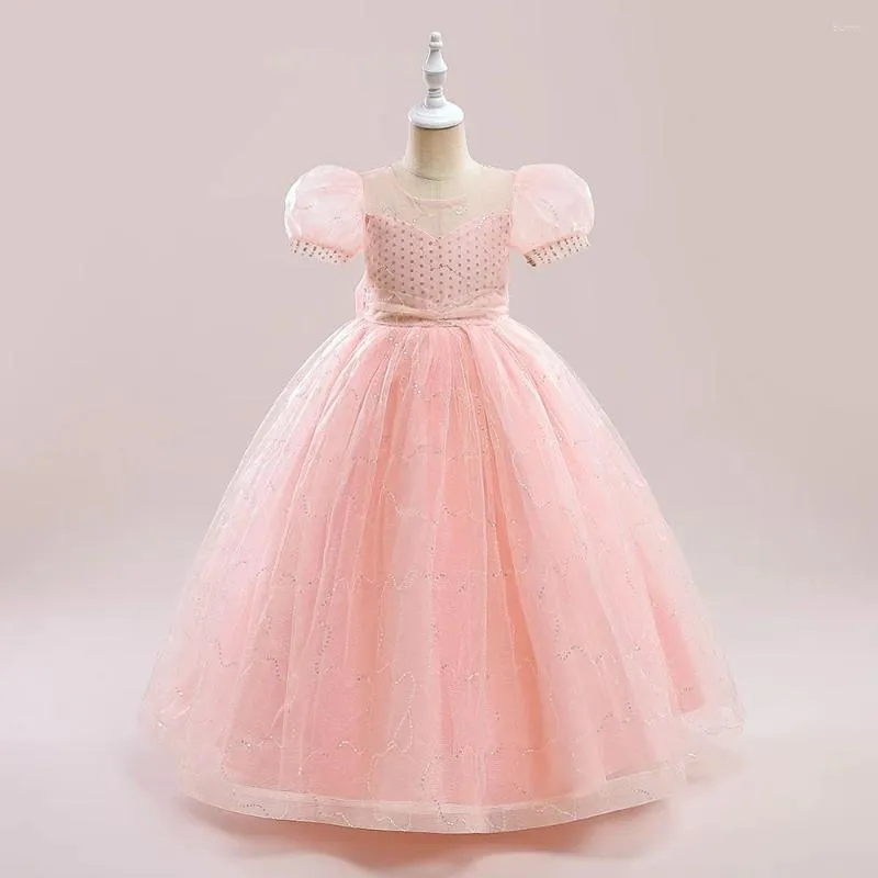 Girl Dresses Pink Short Sleeves Ballgonw Bridesmaid Banquet Long Gown Teenage Graduation Clothes Children Lace Pageant Party