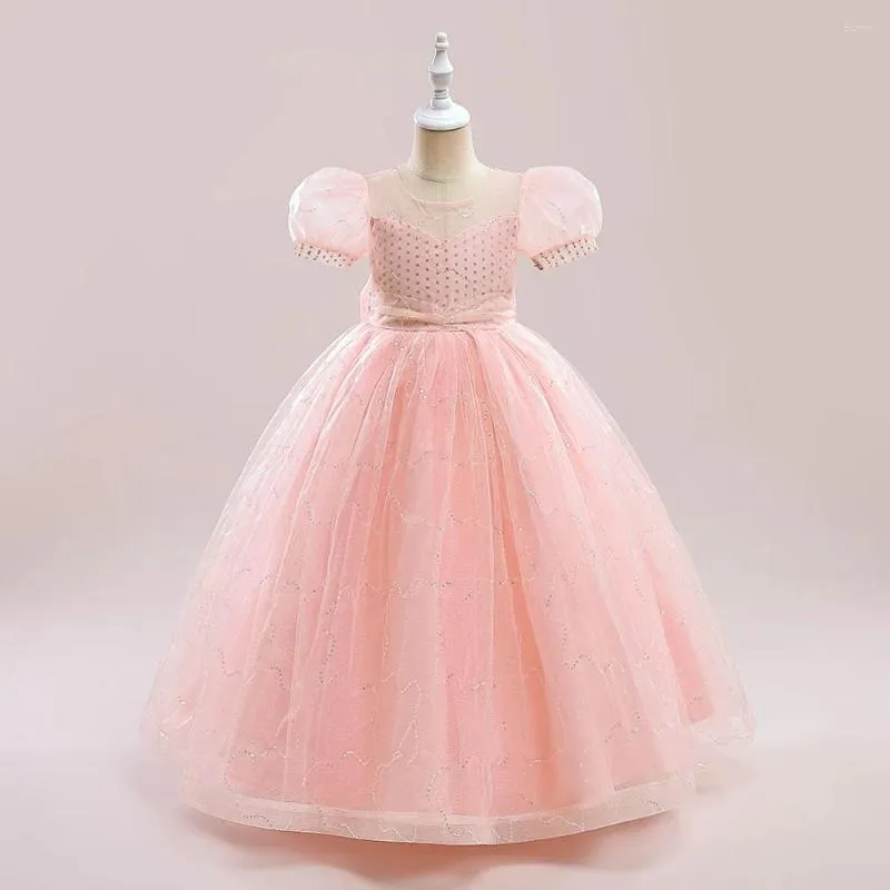 Mädchen Kleider Rosa Kurze Ärmel Ballkleid Brautjungfer Bankett Langes Kleid Teenager Abschluss Kleidung Kinder Spitze Festzug Party