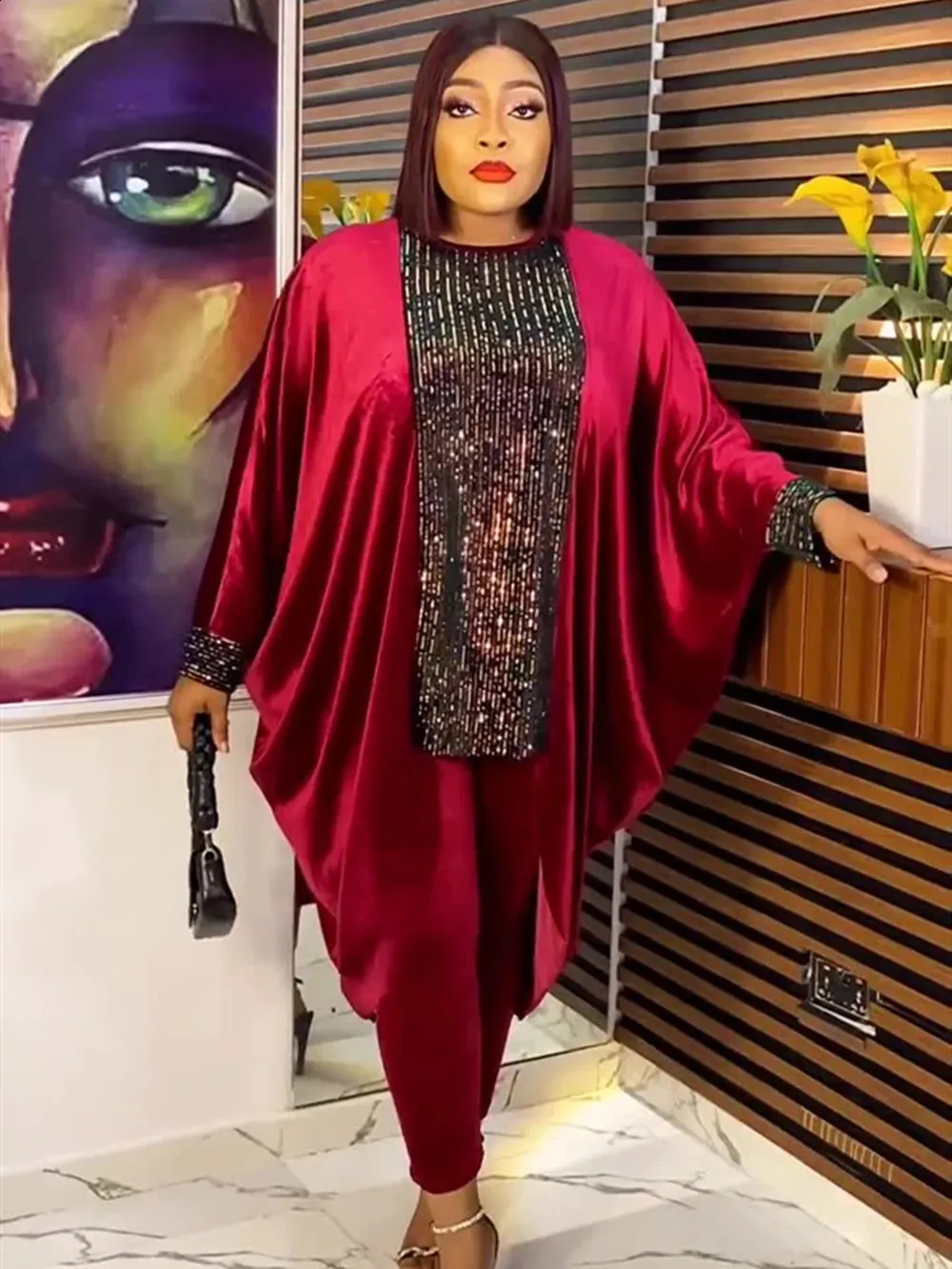 Ubranie etniczne plus rozmiar African Women Clothing Ankara Dashiki 2 zestaw cekin zestaw jesiennych mody aksamitne spodnie spodnie z zestawu 231214