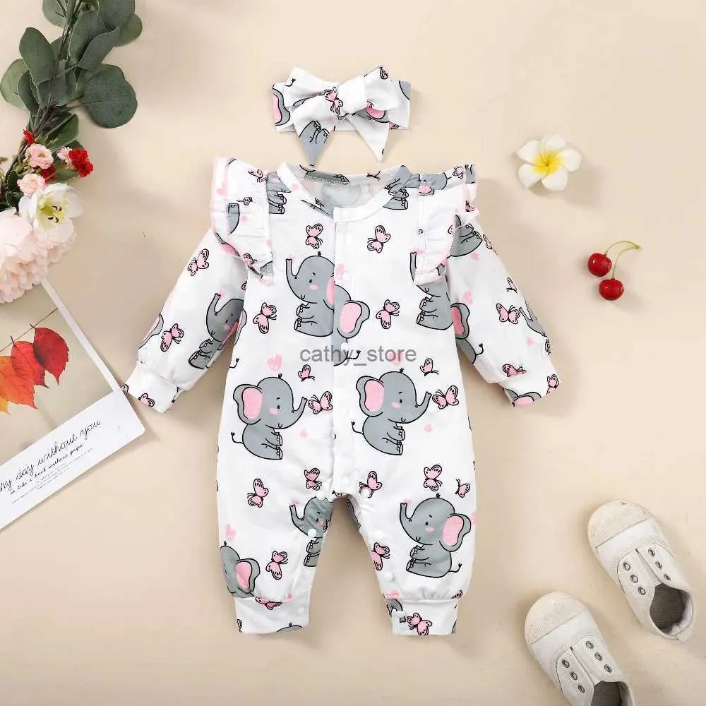 Rompers 0-18Months Rompers for Newborns Long Sleeve Baby Girl Jumpsuit Cute Elephant Print Infant Baby Bodysuit Toddler Girl ClothesL231114