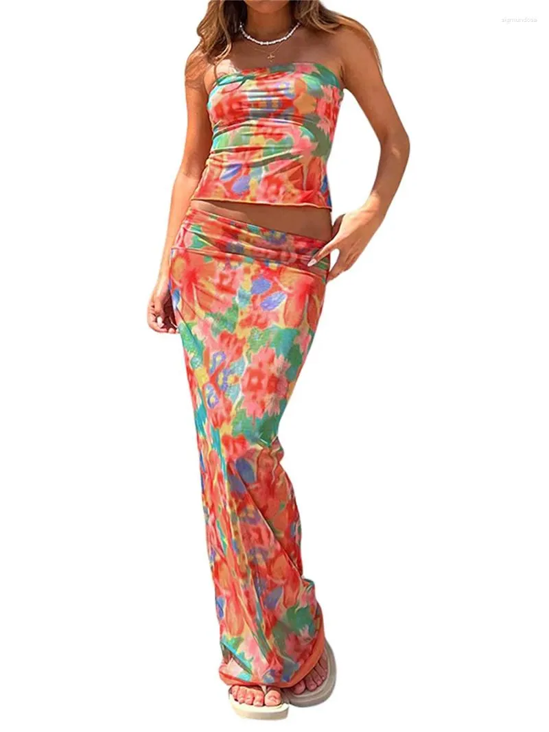 Vestidos casuales Mujeres S Boho Chic Estampado floral Sin mangas Top corto y falda maxi fluida Conjunto para ropa de playa de verano