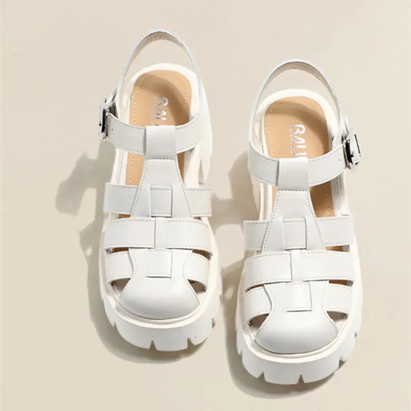 Sandales Plate-forme de haute qualité sandales femmes en cuir véritable noir antidérapant sandales romaines été bout rond robe femmes chaussures 231215