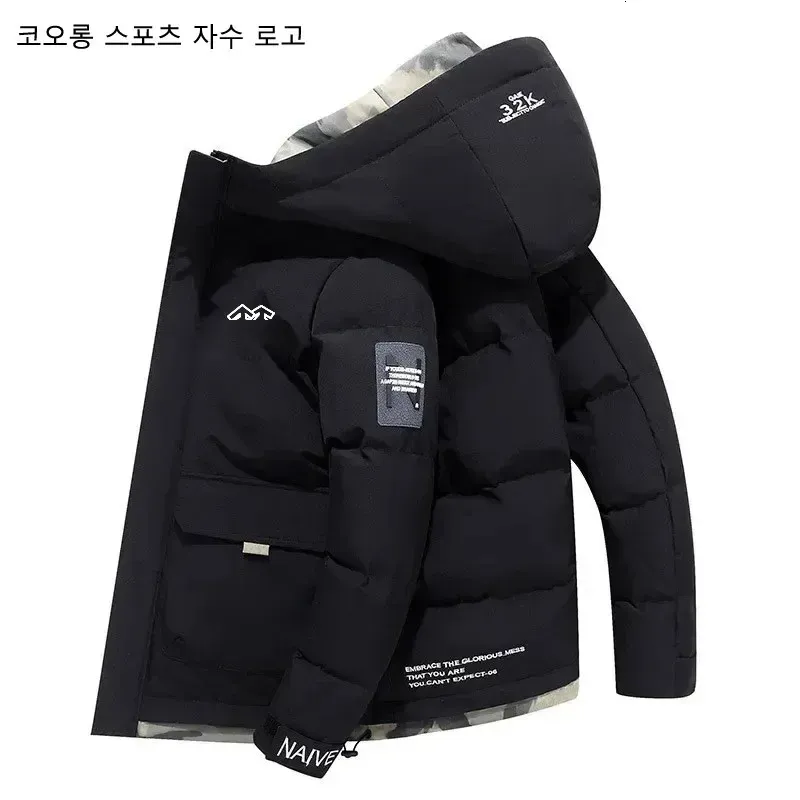 Jaquetas masculinas 2023kolon esporte bordado para baixo jaqueta com capuz inverno engrossado algodão acolchoado coreano na moda casaco quente 231215