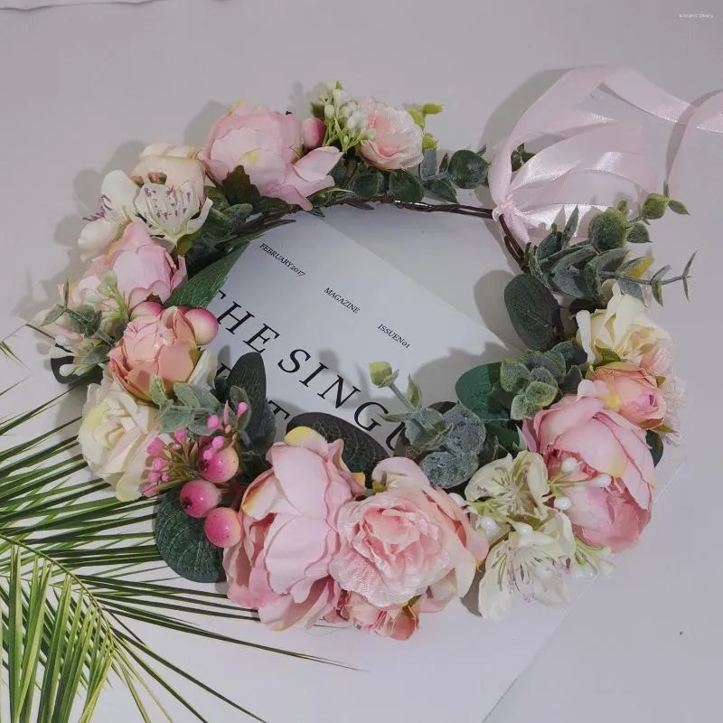 Couronne de fleurs de pivoine Rose pour femmes, bandeau réglable, couvre-chef Floral, couronne de cheveux, accessoires de fête de Festival de mariage