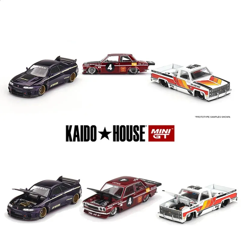 Diecast Model Car Minigt i lager 1 64 KHMG 072 082 079 GTR R33 510 Pro Street JPN Silverado Diecast Diorama Car Model 231214