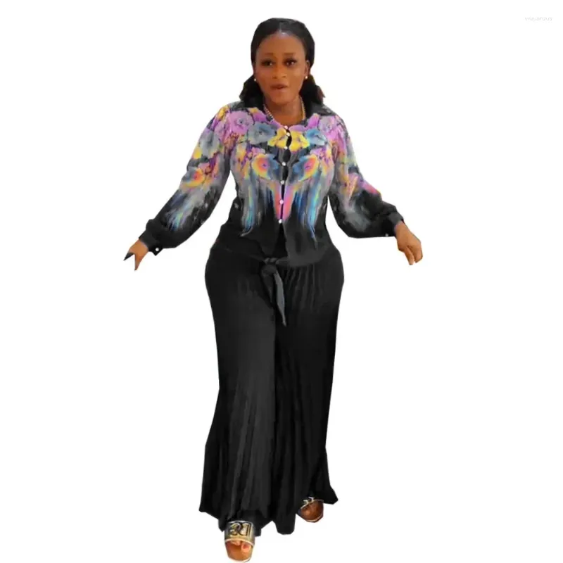 Ethnic Clothing African Clothes Set 3 Piece Woman Long Sleeve V-neck Printing Black Blue Pink White Top Inner Pant L-2XL