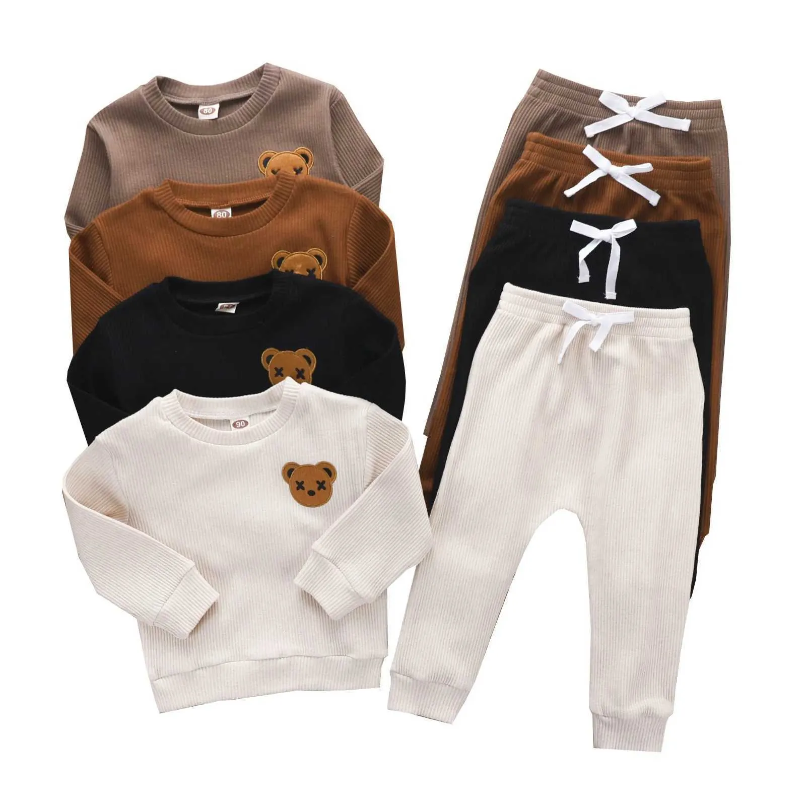 Clothing Sets Spring And Autumn New Boy's Bear Embroidered Medallion Round Neck Lsleeve Sweatshirt + Knitted Ribbed Casual Trousers Set