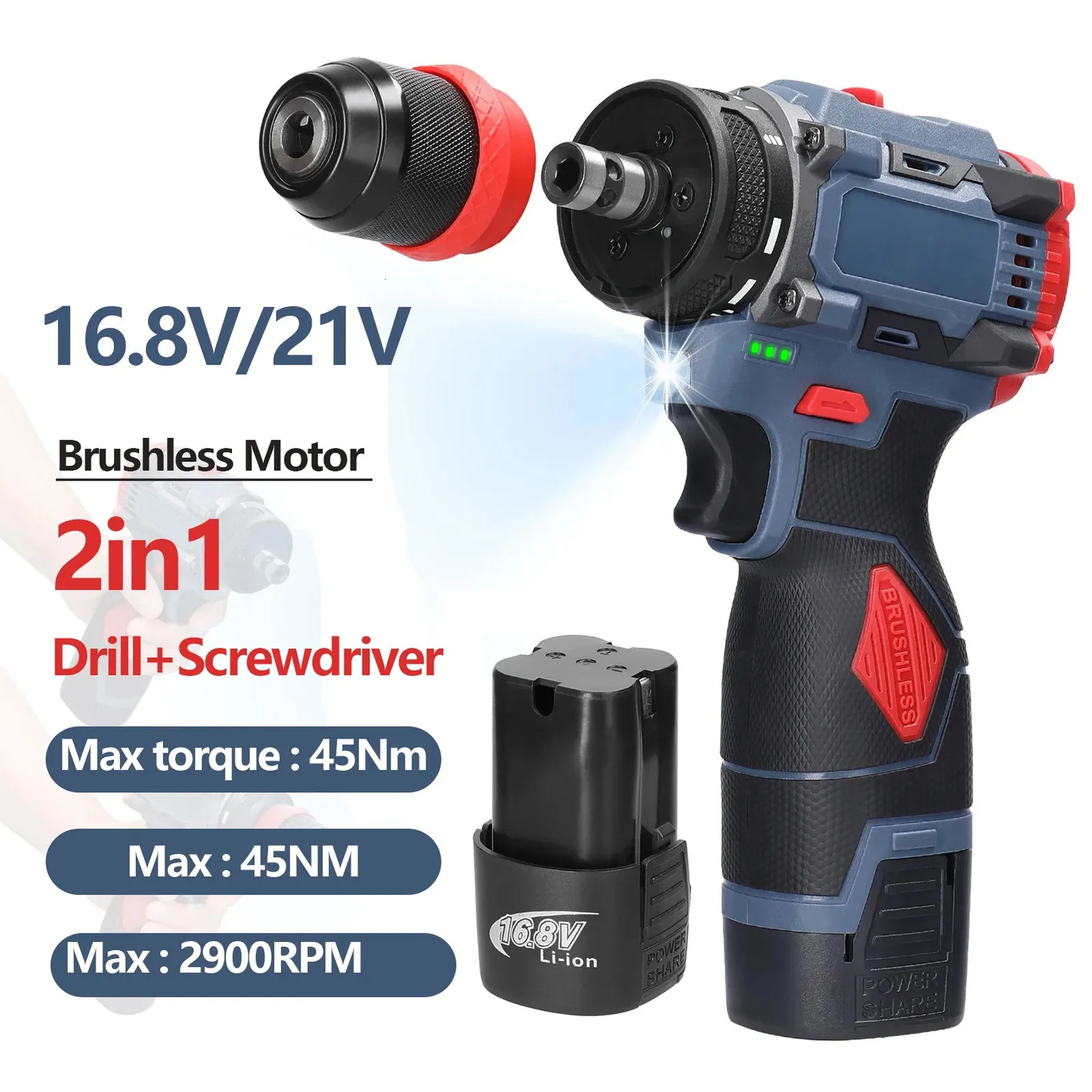 21V Cordless Screwdriver Drill: Brushless 2in1 Electric Driver with ...