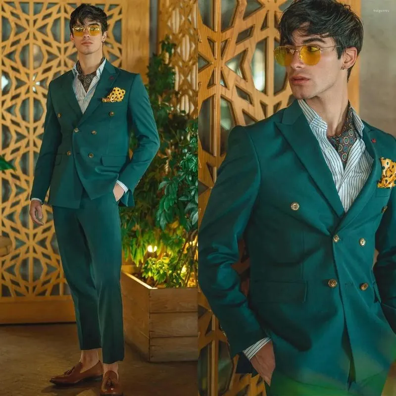 Erkekler Suits Yeşil Erkek Smokin Çift Göğüslü Ceket Pantolon Set Kostüm Homme Düğün Damat Zirve Yoksal İş Blazer 2 Parça