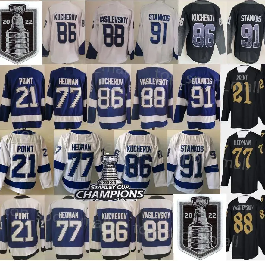 AANGEPASTE Tampa''Bay''Lightning''2022 Stanley Cup Finale Hockey 91 Stamkos Jerseys 21 Punten 77 Hedman 86 Kucherov 88 Vasilevskiy Reverse Champio