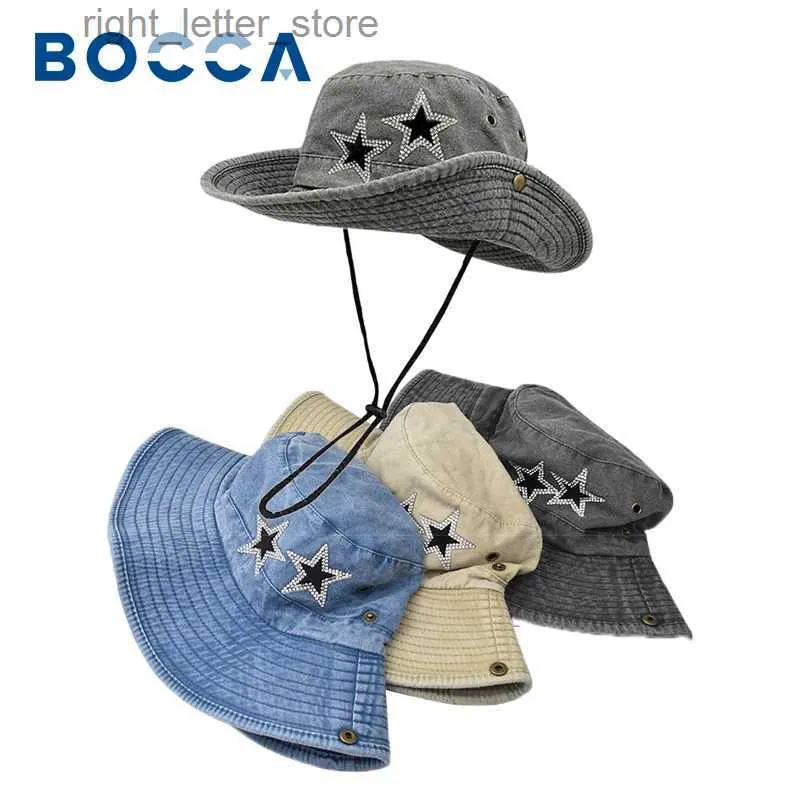 Wide Brim Hats Bucket Hats Bocca Y2K Bucket Hat Bling Star Retro Washed Panama Fisherman Hats Women Wide Brim Denim Vintage Summer Sun Outdoor Travel Cap YQ231215