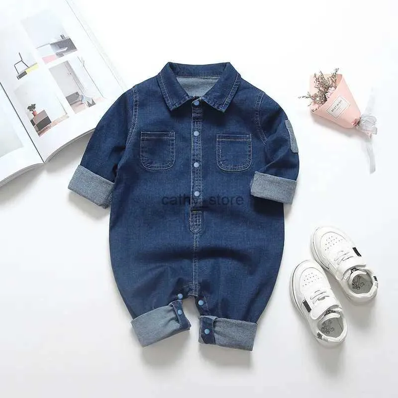 Rompers ienens baby rompers nyfödda jumpsuits kläder denim enstycken 0-18 månader pojke flicka mjuk passar barn klädsel231114