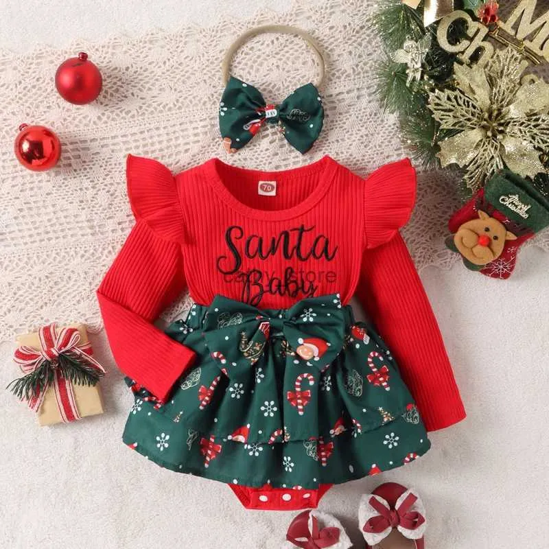 Rompers MA Baby 0-18m jul Nyfödda spädbarn Baby Girls Rompers Långärmningsbrev Santa Hat Print Jumpsuit pannband Xmas Outfits D05L231114