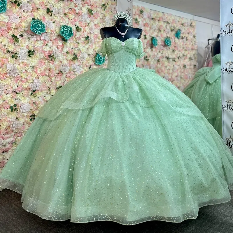 2024 Sage Green Shiny Quinceanera Dresses Off The Shoulder Beads Crystal Graduation Party Sequin Designer Evening Party Gown