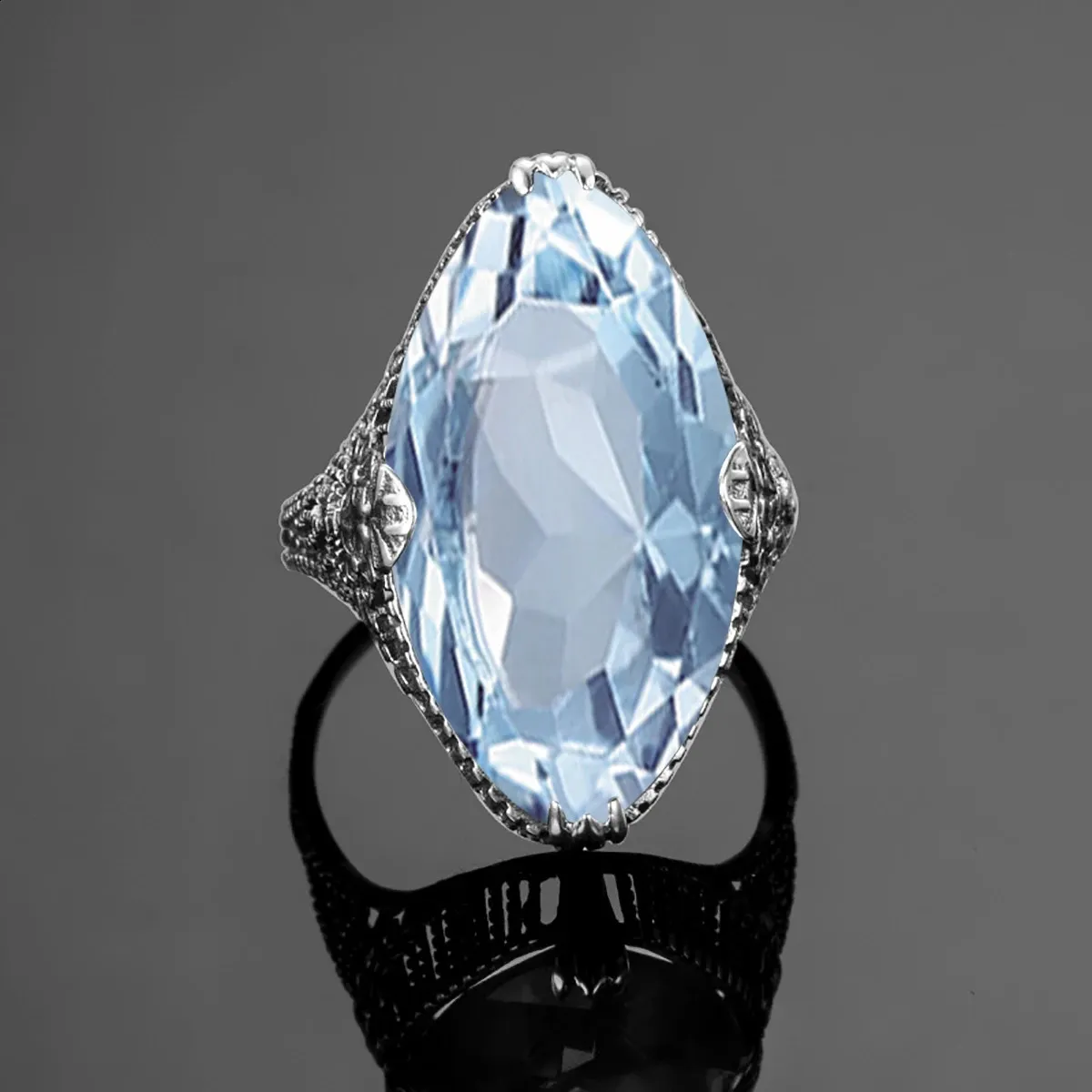 Eheringe SILVERCHAKRA Ring aus massivem 925er-Sterlingsilber, Marquise-Aquamarin-Ringe für Frauen, 14 x 26 mm, großer Edelstein-Schmuck, Blume, nach Maß 231214