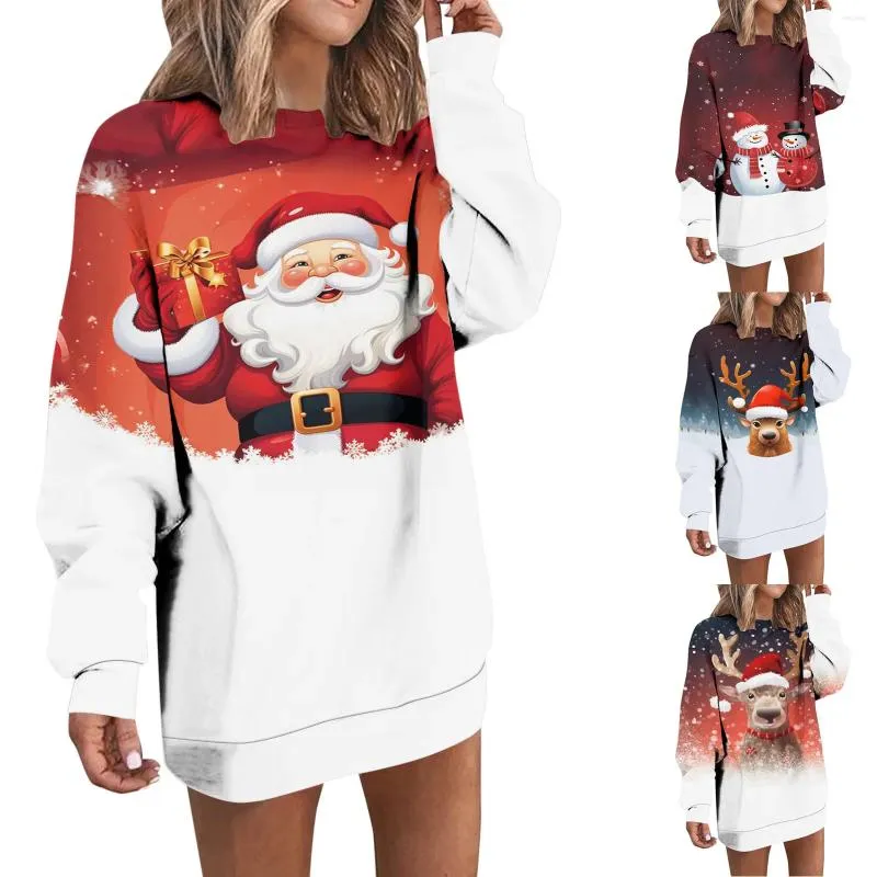 Robes décontractées Robe de Noël rouge pour femmes Mode Père Noël Imprimer Sweat à capuche pour femmes Sweat-shirts à manches longues O Cou Fête de vacances