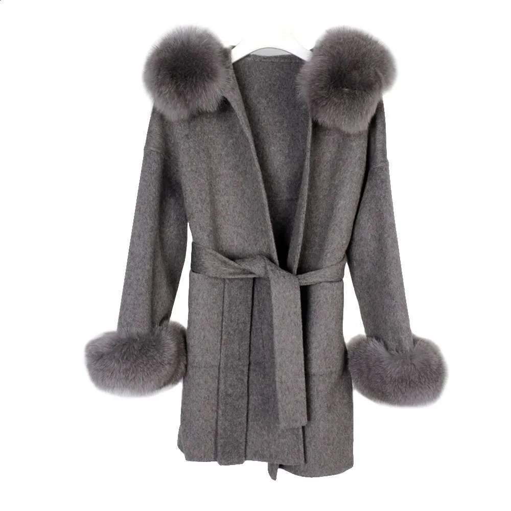 Wełniane mieszanki damskiej kurtki zimowa Kurtka długa prawdziwa futrzana płaszcz luźne kaszmirowe mieszanki wełny mody streetwear naturalny lis futra kołnierz z paskiem 231214