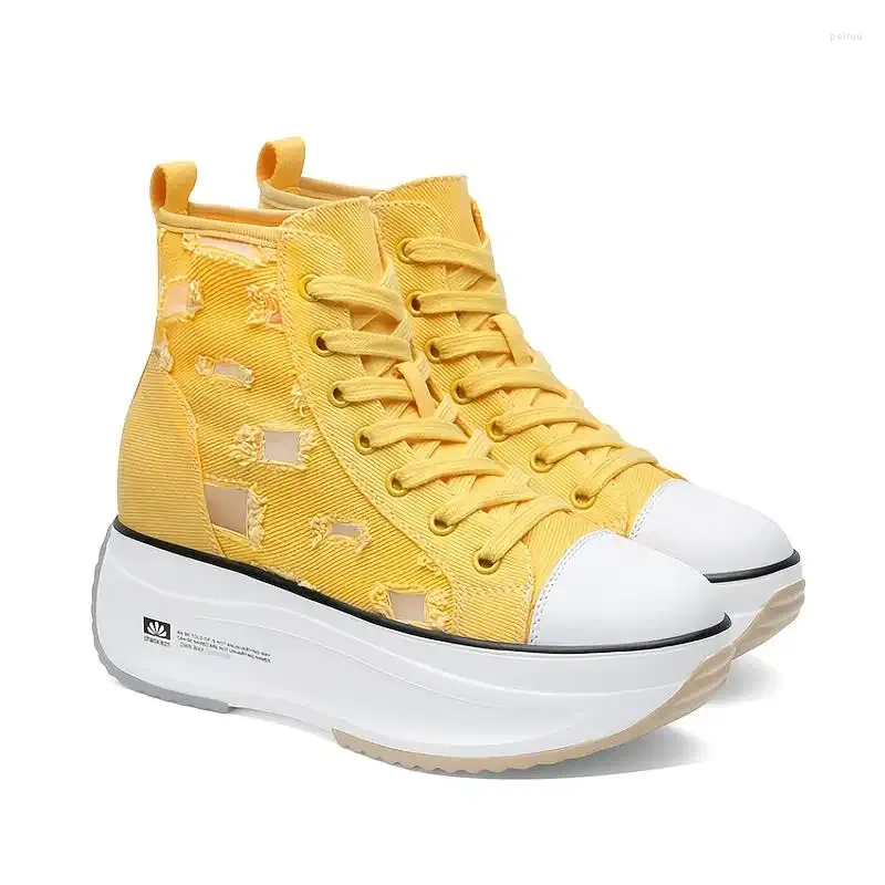 Dress Shoes Women's Ripped Detailed Sneakers Round Toe Hidden Wedge Canvas Platform High Top