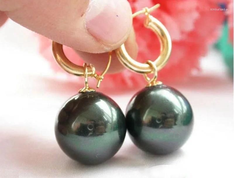 Dangle Earrings PERFECT 16MM Real BLACK TAHAITIAN SHELL PEARL 14K GOLD