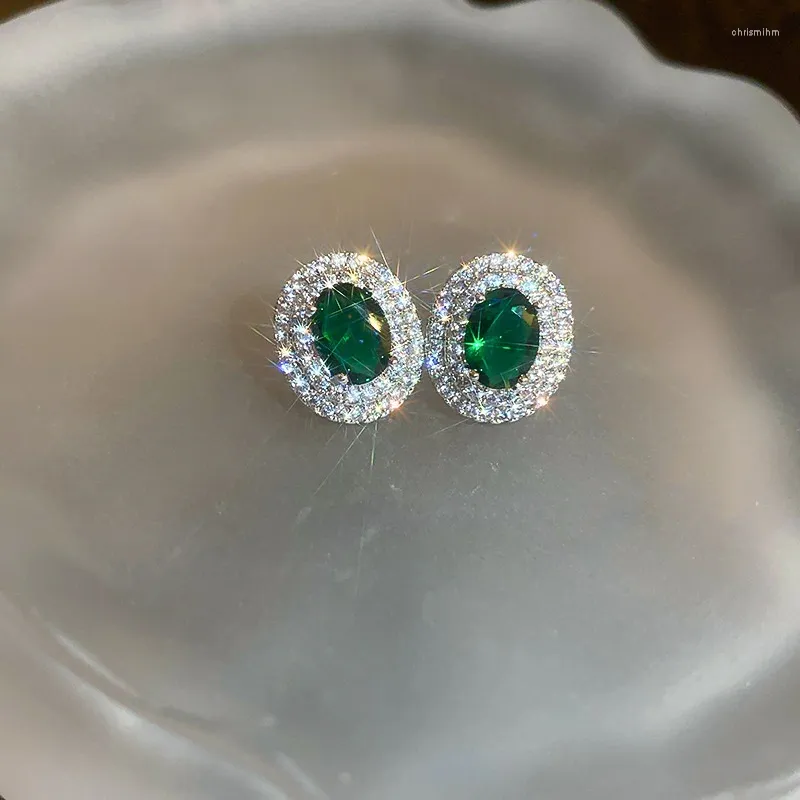 Boucles d'oreilles pendantes en forme d'émeraude artificielle pour femmes, pavé de Cz blanc, ovale, vert, classique, Simple, strass, boucle d'oreille de luxe pour mariage