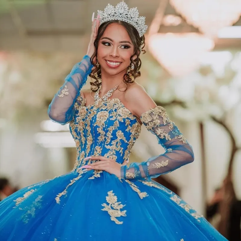 Off Shoulder Long Sleeves Beaded 3D Gold Appliques Blue Quinceanera Dress for Sweet 16 WQ1311