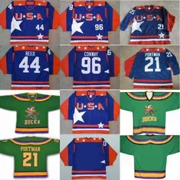 College Hockey Wears Mighty Ducks D2 Movie Team USA Hockey Jersey 21 Dean Portman 44 Fulton Reed 96 Charlie Conway Men's 100% Stitched Ice Hockey Jerseys