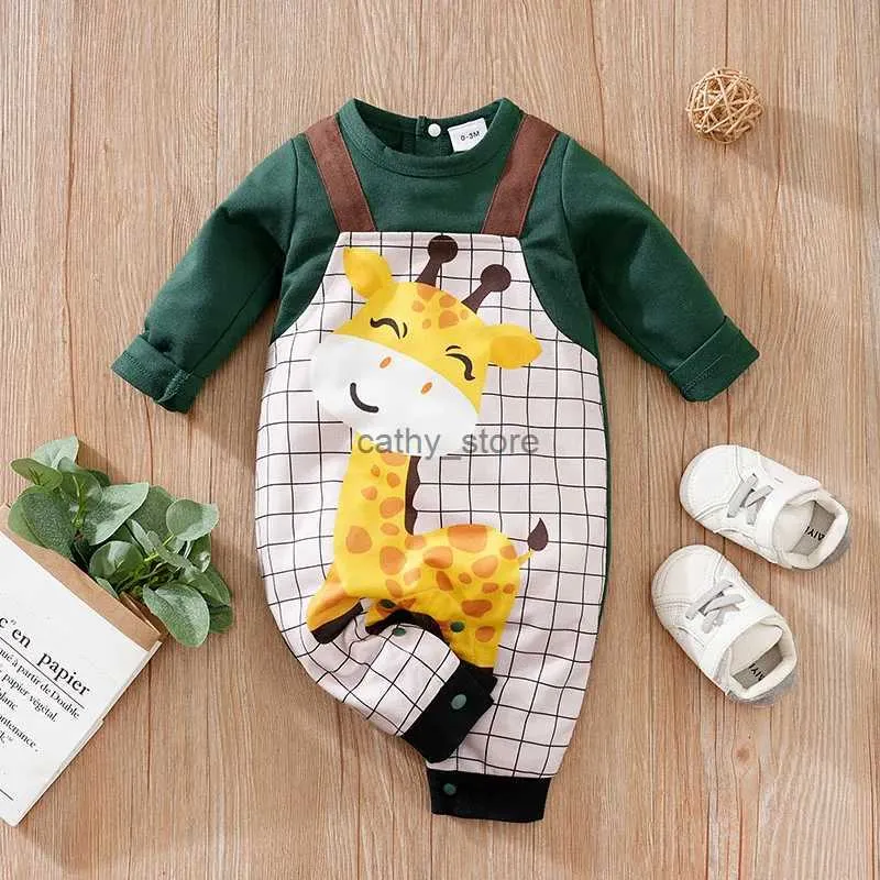 Rompertjes Lente En Herfst Jongens En Meisjes Leuke Cartoon Giraffe Gedrukt Valse Band Baby Body Met Lange Mouwen L231114