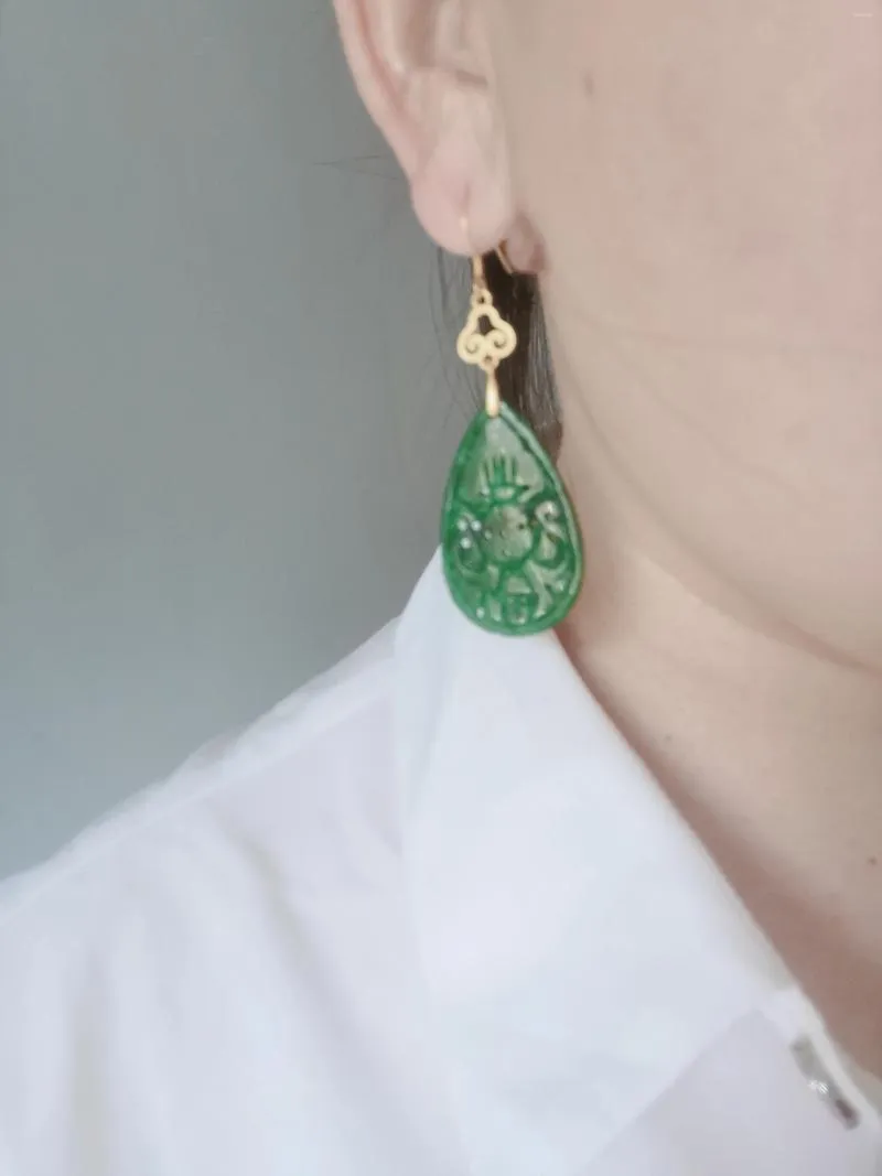 Boucles d'oreilles pendantes 1 pcs/lot Jade vert sec S925 plaqué argent Jin Xiangyun grande goutte grande tranche creuse classique Wishful Lotus National