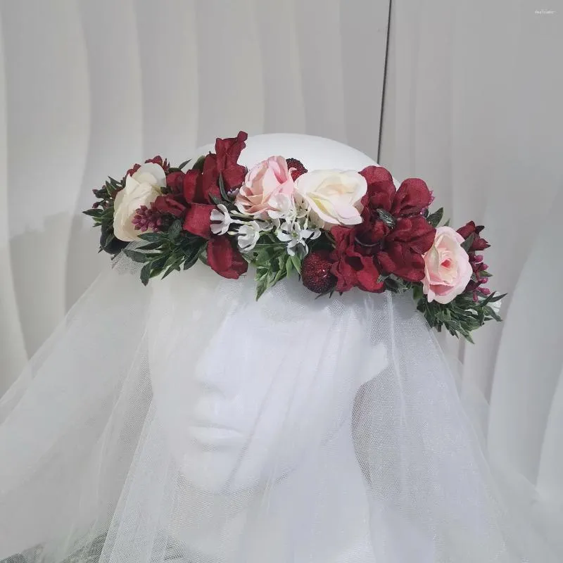Corona di fiori di bacche di frutta per donna Fascia per capelli regolabile floreale Corona per capelli Accessori per feste di festival di nozze