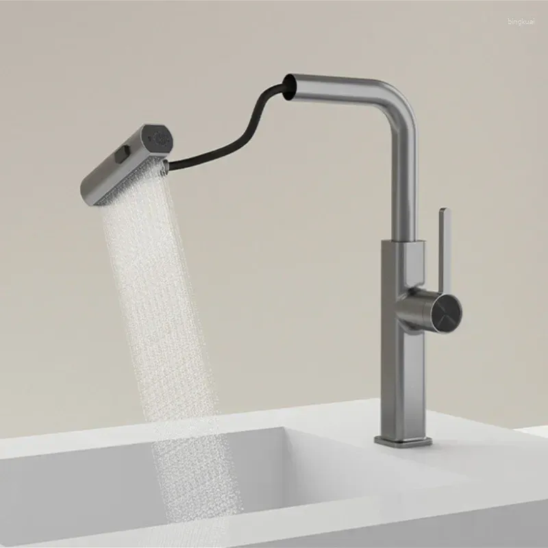 Kitchen Faucets Gray Faucet Brass Lead Free Single Lever Digital Display And Cold Pull Out Slid Mixer Sink Tap Bathroom