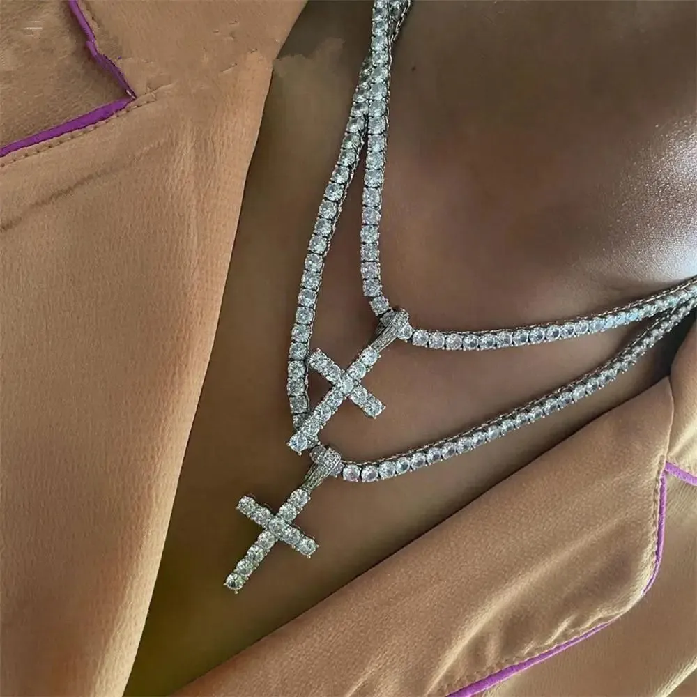 Ожерелье с большим крестом для мужчин, 14-каратное белое золото, готическая теннисная цепочка с кристаллами и стразами, колье-колье для женщин, воротник