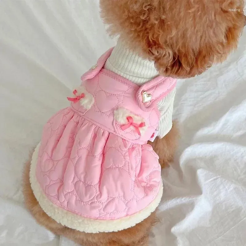 Vestuário para cães Roupas quentes Edição coreana Princesa vestido rosa animal de estimação engrossado casaco de algodão cachorrinho estilingue inverno