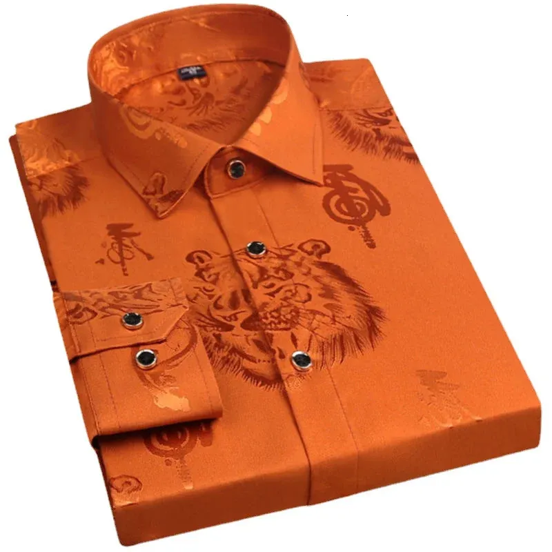 Men's Polos Spring Long sleeved Shirt Tiger Print Orange Lapel Single breasted Top Hanfu Slim Fit Men Japanese Fashion 231215