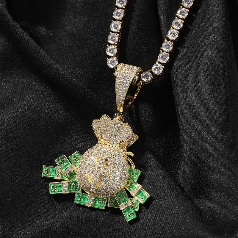 Hip Hop Sieraden heren Zirconia Dollar Geld Tas Hanger Hip Hop Trendy Merk Mode Ketting Trui Keten