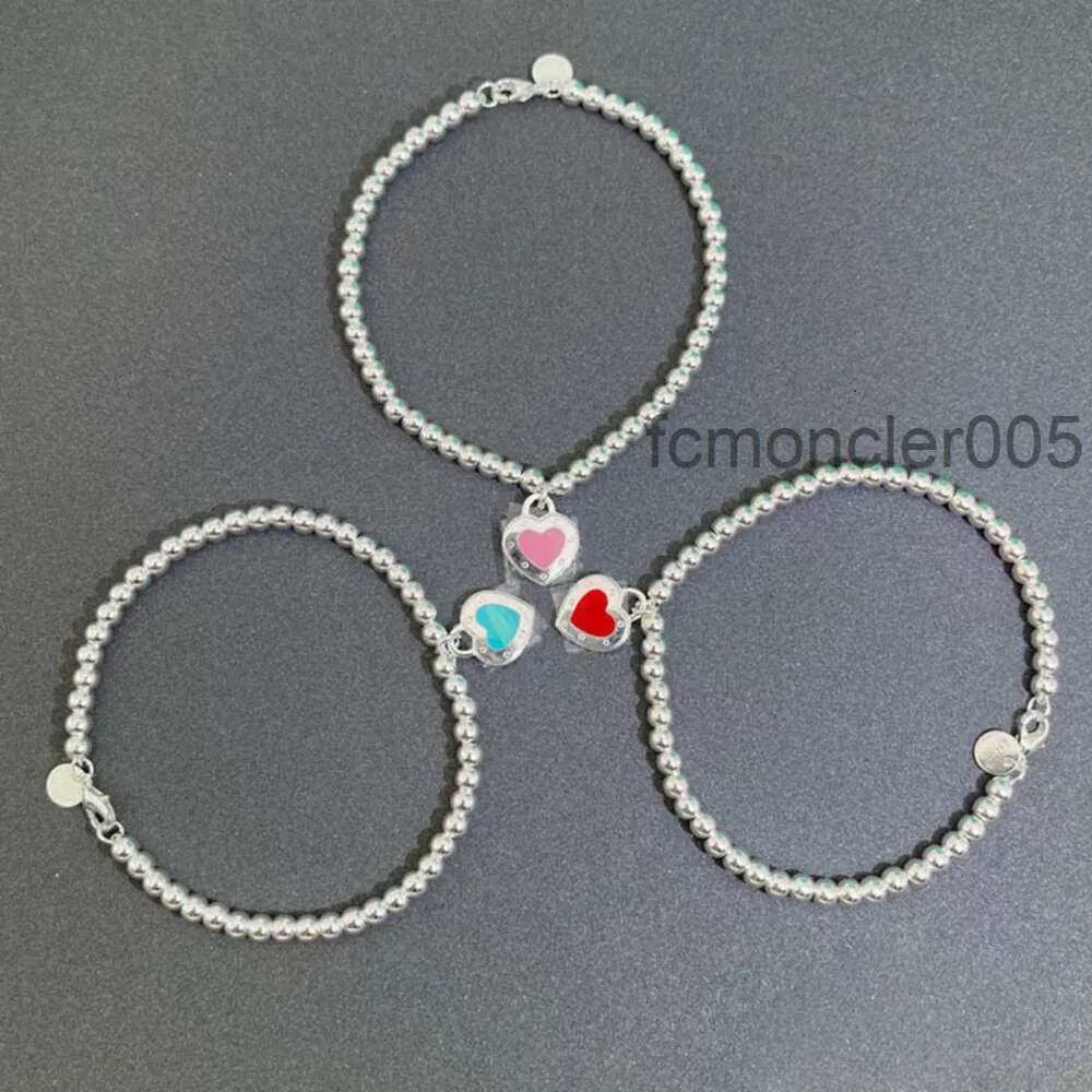 Brazalete pulsera t 925 plata esterlina gota pegamento remache corazón 4 mm pulsera de cuentas redondas camiseta amor esmalte multitud WF0K