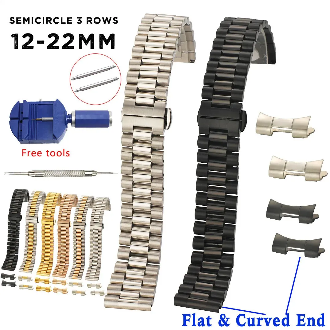 Bracelets de montre Bande en acier inoxydable solide 12 mm 13 14 16 17 18 mm 19 20 mm 21 22 mm Bracelet de remplacement 3 rangées Bracelet avec outils 231214