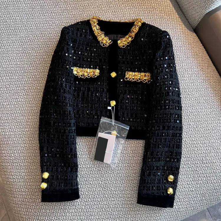 Black Beaded Rhinestone Tweed Jacket Spring Spring 2022 Collection Long Sleeve Round Neck Single Breasted Outwear Coat From Feifei8 110.72 DHgate.Com