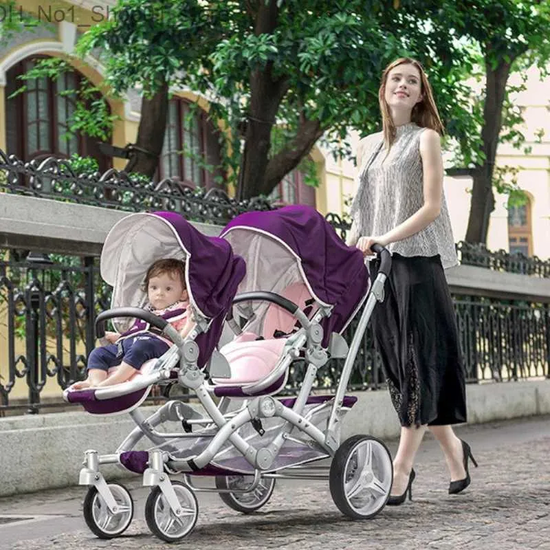 Strollers# Luxury Twin Baby Stroller Can sit or lie down High Landscape Pram Light And Shock Proof Folding Double baby accessories Q231215