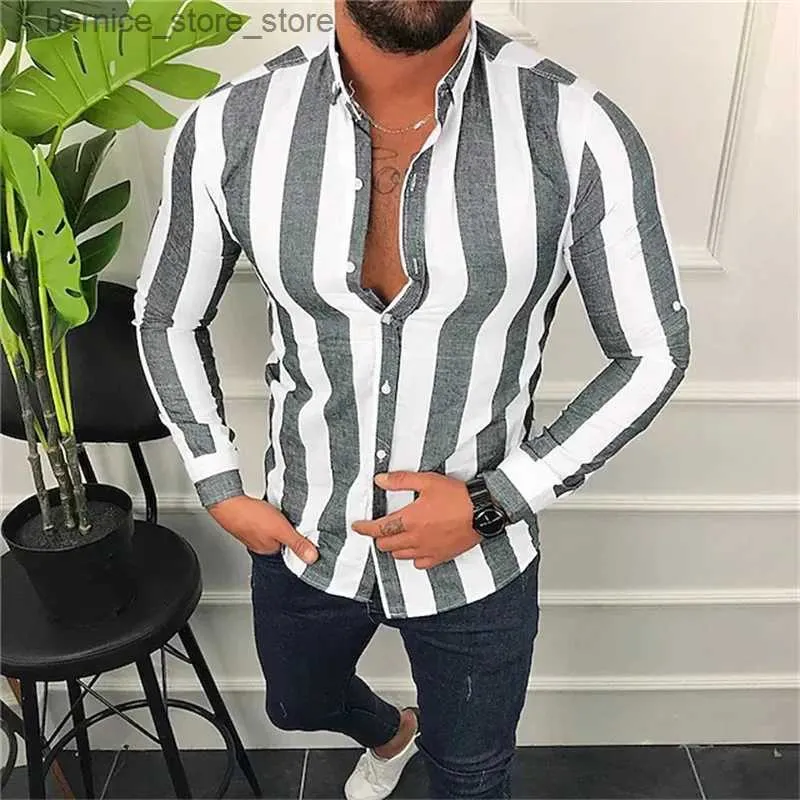 Polos masculinos camisas masculinas de luxo na moda camisas de peito único padrão listrado casual impresso de mangas compridas tops de bola de festa masculina S-6XL Q231215