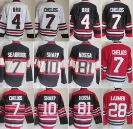 Men Retro Hockey 4 Bobby Orr Jersey Vintage Classic 7 Chris Chelios 10 Patrick Sharp 81 Marian Hossa 28 Steve Larmer 3 Pierre Pilote 8  Mosienko Black Red White