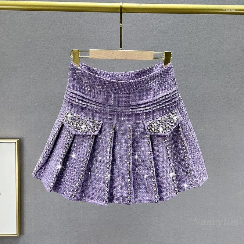 Skirts Cotton And Linen Skirt For Women 2023 Autumn High Waist Slim Fit Ins European Street Diamond-Embedded Pleated Short