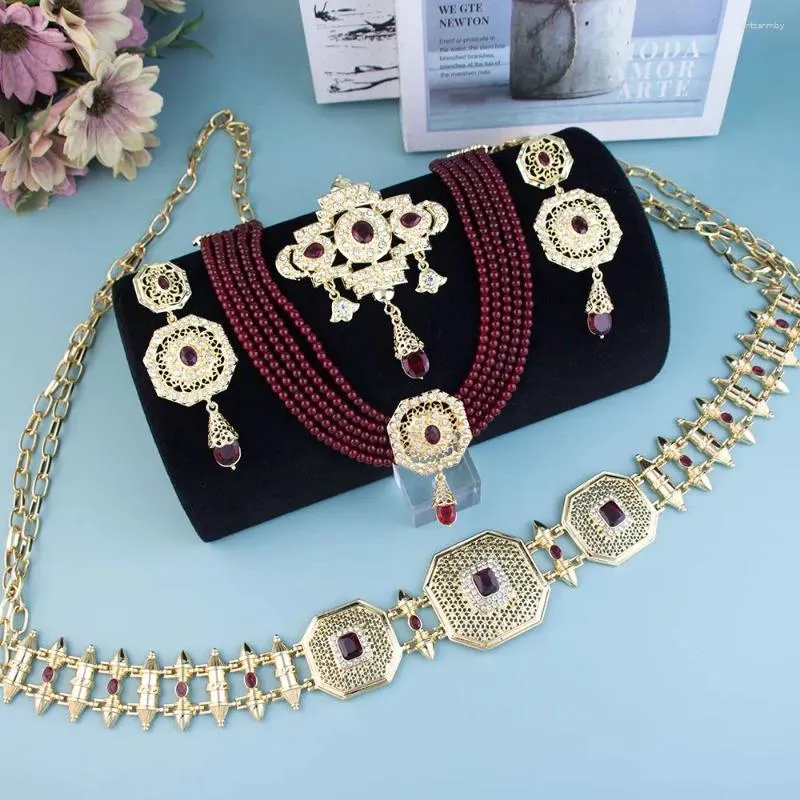 Necklace Earrings Set Sunspicems Arabic Moroccan Bride Jewelry Women Kaftan Belt Waist Chain Bead Choker Long Drop Earring Crystal Brooch