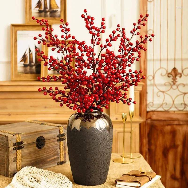 Dekoratif Çiçekler 59cm Noel Kırmızı Berry Çiçek Şubesi 1/2pcs Simülasyon Holly Meyveleri Sap sahte buket Noel partisi ev dekorasyon DIY