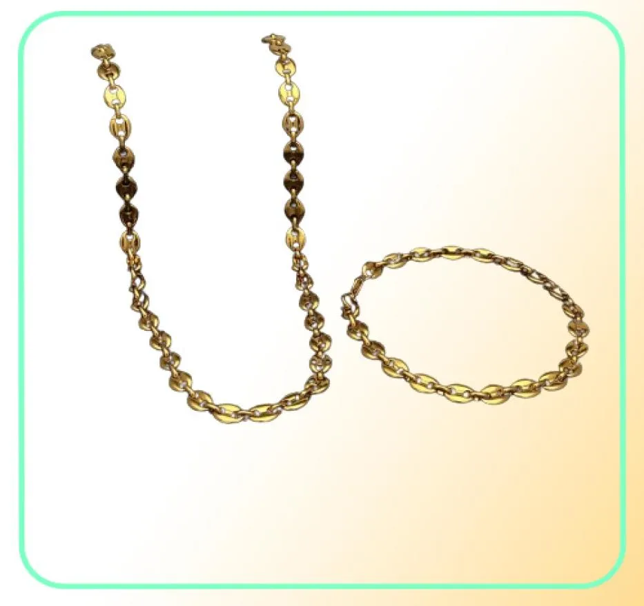8mm Puffed Mariner Link Chain Armband Set Gold Silver Plated Hip Hop Punk Jewelry French Coffee Bean Jewelry4037073