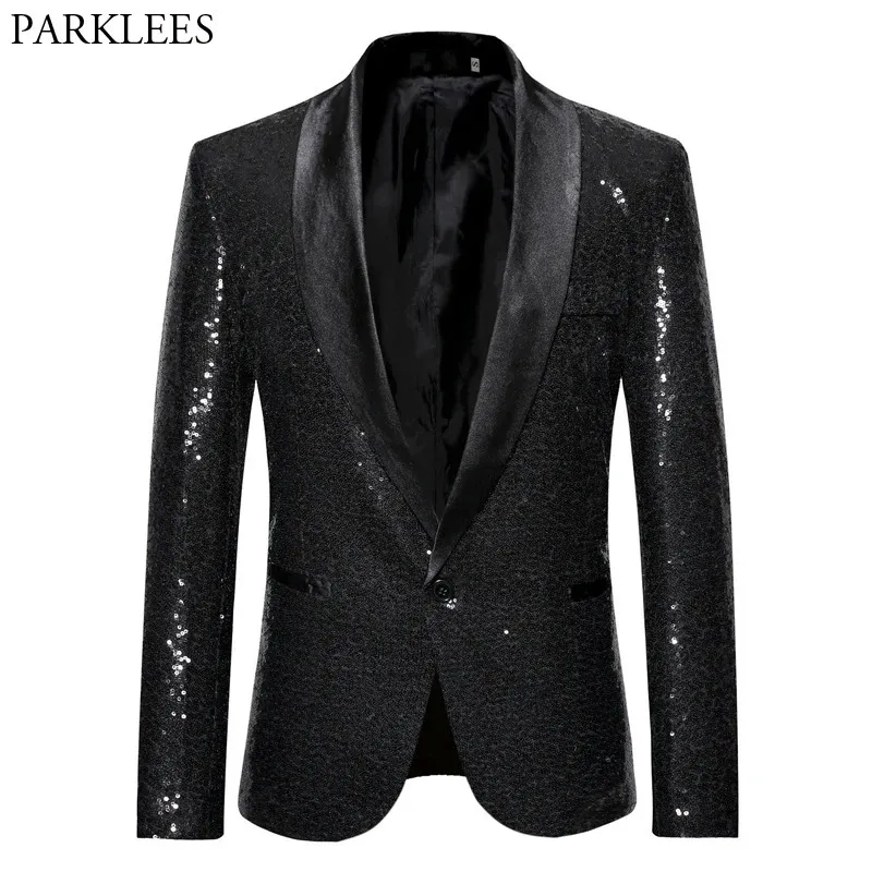 Men's Suits Blazers Black Sequin One Button Shawl Collar Suit Jacket Men Bling Glitter Nightclub Prom DJ Blazer Jacket Men Stage Clothes for Singers 231215