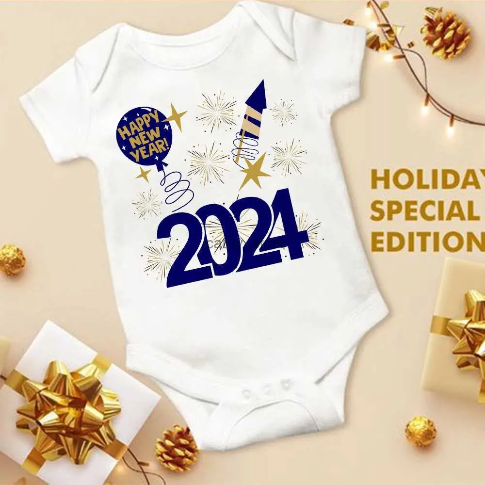 Rompers Baby Bodysuit Hello2024 Inant Romper新しい年のベビーギフト幼児短袖ジャンプスーツボーイズガールズ服newbron Showerspresentl231114