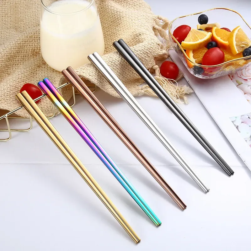 Metal Square Chopsticks Glossy Titanium Plated Anti Scalding High-grade 304 Stainless Steel Rainbow Golden Black Chopstick