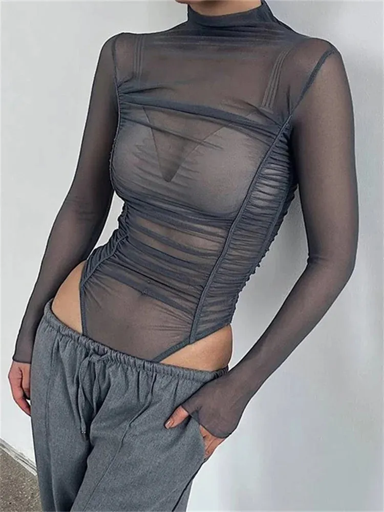 Women s T Shirt CHRONSTYLE Sexy Women Long Sleeve Ruched Bodysuits Solid Mesh See Through High Neck Slim Rompers Spring Fall Jumpsuits Clubwear 231215